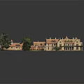 Cartoon Scene Of Traditional Buildings With Red Roofs Green Trees Lawn And Driveway