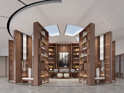 Elegant Modern Hotel Lobby With Circular Layout Skylights Central Table And Wooden Bookshelves 3d model