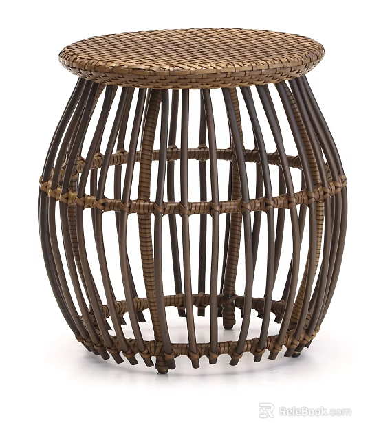 Handwoven Rattan Round Stool With Stylish Woven Structure For Living Room Decor 3d model 