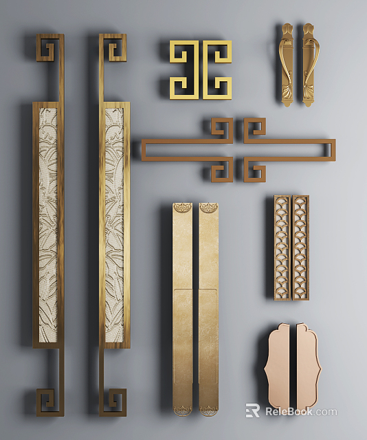 Decorative Intricate Carved Metal Handles With Golden Finish And Various Designs For Home Decor 3d model 