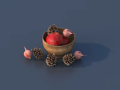 Red Fruits in Wooden Bowl with Pine Cones and Pink Plants on Blue Background 3d model