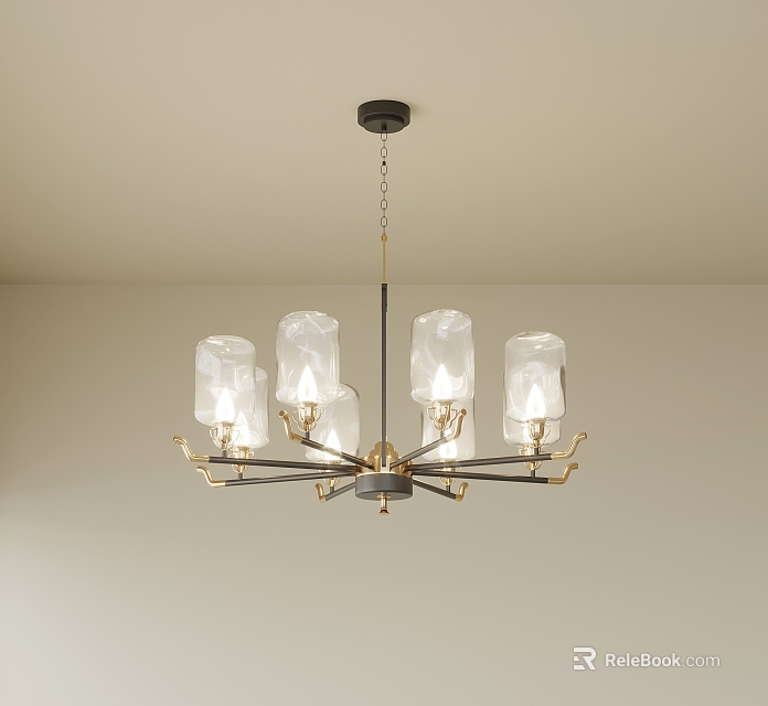 Modern Chandelier With Transparent Glass Shades And Black Gold Metal Frame Design 3d model 