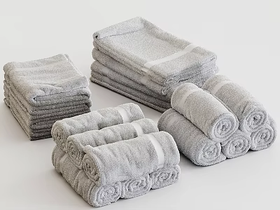 Soft Absorbent Gray Towels Stacked And Rolled With Plush Bath Hand Sizes 3d model