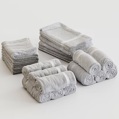 Soft Absorbent Gray Towels Stacked And Rolled With Plush Bath Hand Sizes 3d model