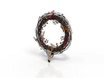 Decorative Wreath Crafted With Twigs Red Orange Leaves Berries And Animal Skull 3d model