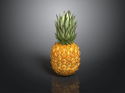 Shiny Ripe Pineapple With Green Leaf Crown On Black Reflective Surface 3d model