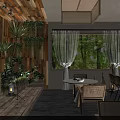 Rustic Restaurant Interior With Wooden Ceiling Hanging Green Plants Projection Screen And Wooden Tables