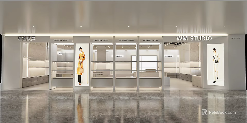 Modern Fashion Store with Window Display Mannequin in Yellow Coat and Shelves 3d model 