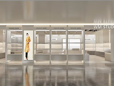 Modern Fashion Store with Window Display Mannequin in Yellow Coat and Shelves 3d model
