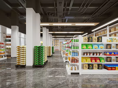 Brightly Lit Supermarket Interior With Shelves Filled With Grocery Products And Daily Necessities 3d model