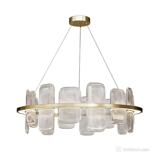 Modern Golden Chandelier With Circular Metal Ring And Transparent Square Glass Pieces 3d model 