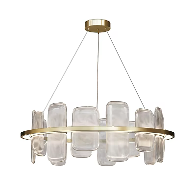 Modern Golden Chandelier With Circular Metal Ring And Transparent Square Glass Pieces 3d model