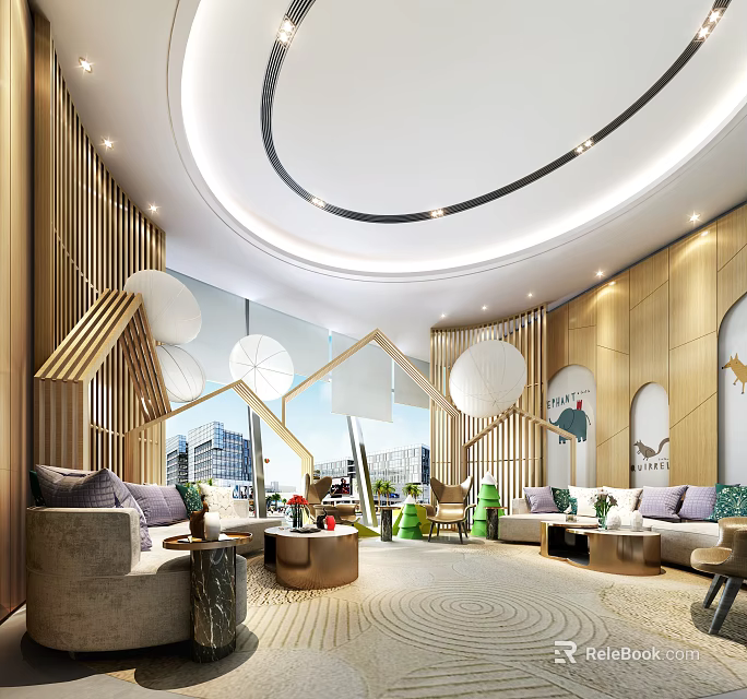 Modern Lounge Area Interior With Wooden Decor Circular Ceiling Large Windows And Cozy Sofas 3d model 