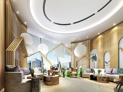 Modern Lounge Area Interior With Wooden Decor Circular Ceiling Large Windows And Cozy Sofas 3d model