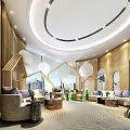 Modern Lounge Area Interior With Wooden Decor Circular Ceiling Large Windows And Cozy Sofas
