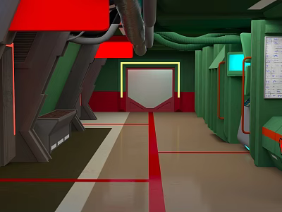 Sci Fi Corridor Interior With Green Structures Red Accents Control Panels And Illuminated Doorway 3d model
