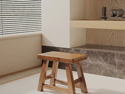 Wooden Side Table by Window with Blinds and Wooden Wall on Marble Floor 3d model