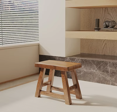 Wooden Side Table by Window with Blinds and Wooden Wall on Marble Floor 3d model