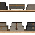 Wooden Decorative Ornament Set with Stacked Multicolored Boxes and Metal Clasps on Shelves