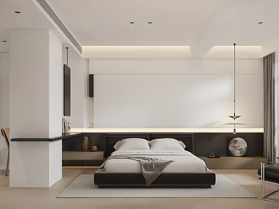Modern Bedroom Interior Design With Comfortable Bed Pendant Light And Nightstand 3d model