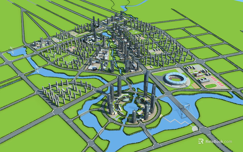 Aerial Planning of Modern Urban City With Skyscrapers Central Waterways Green Spaces and Road Networks 3d model 