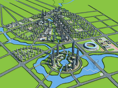 Aerial Planning of Modern Urban City With Skyscrapers Central Waterways Green Spaces and Road Networks 3d model