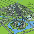 Aerial Planning of Modern Urban City With Skyscrapers Central Waterways Green Spaces and Road Networks