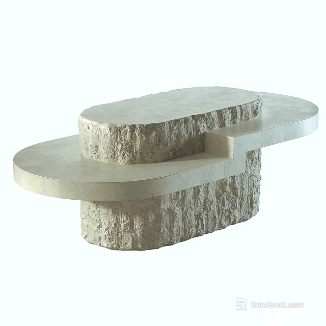 Modern Textured Stone Dining Table With Layered Dual Level Top And Rough Base Design 3d model 