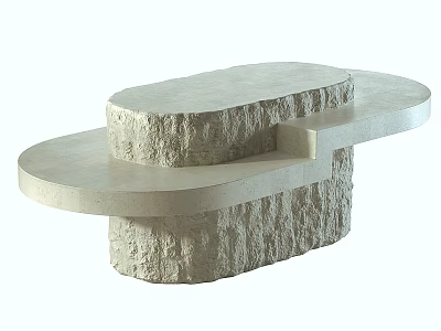 Modern Textured Stone Dining Table With Layered Dual Level Top And Rough Base Design 3d model