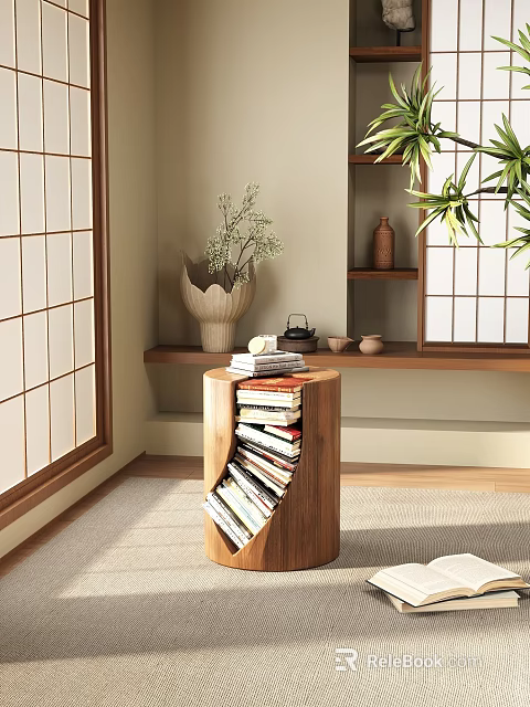 Japanese Style Room Featuring Tree Trunk Shaped Wooden Side Table With Stacked Books And Decorative Shelf 3d model 