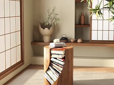 Japanese Style Room Featuring Tree Trunk Shaped Wooden Side Table With Stacked Books And Decorative Shelf 3d model