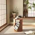 Japanese Style Room Featuring Tree Trunk Shaped Wooden Side Table With Stacked Books And Decorative Shelf
