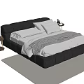 Stylish Double Bed With Black Leather Frame White Bedding And Side Nightstands On Beige Rug