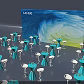 Bar Setting With Blue Wave Background Wall Blue White Bar Stools And Dot Floor Decorations 3d model