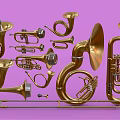 Artistic Display of Golden Brass Instruments and Art Supplies on Purple Background