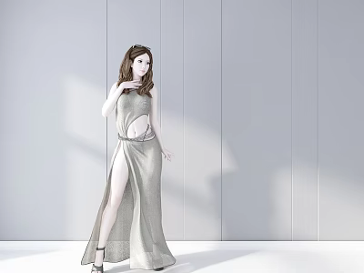 Elegant Woman In Slit Long Dress Standing Against White Paneled Background With Long Wavy Hair 3d model