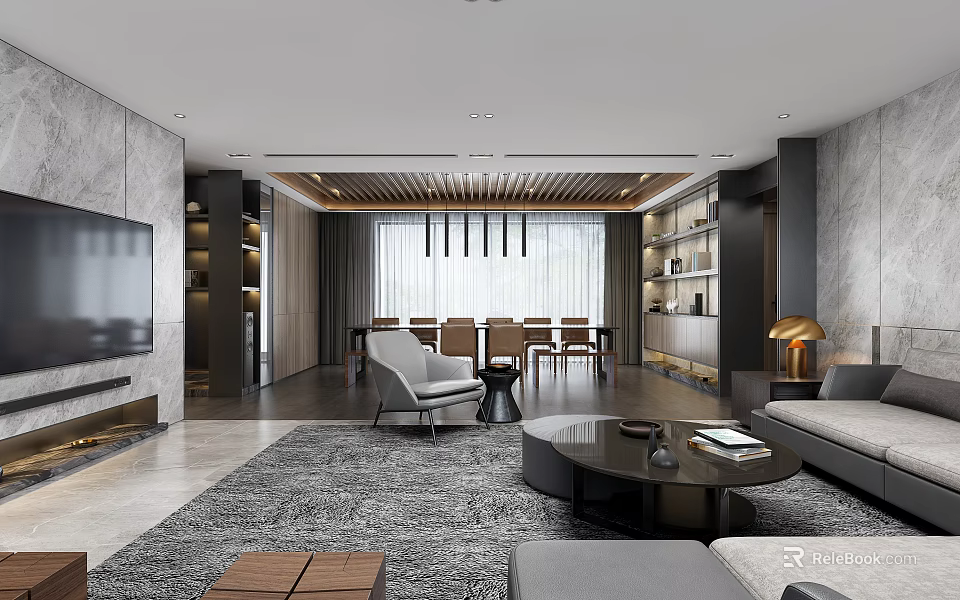 Modern Living Dining Room Interior With Sofa Coffee Table Dining Chairs And Bookshelves 3d model 