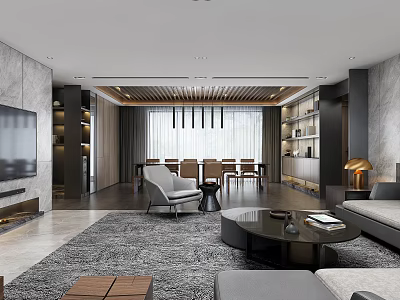 Modern Living Dining Room Interior With Sofa Coffee Table Dining Chairs And Bookshelves 3d model