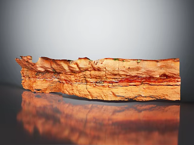 Red Layered Rock Specimen With Natural Texture On Reflective Black Surface 3d model