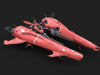 Red Futuristic Aircraft With Propellers And Mechanical Design Two Units 3d model