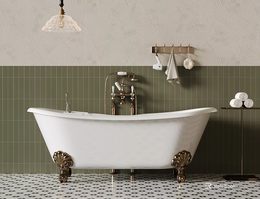 Elegant Bathroom Interior With White Clawfoot Tub Green Tiled Walls And Pendant Light 3d model 