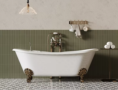 Elegant Bathroom Interior With White Clawfoot Tub Green Tiled Walls And Pendant Light 3d model