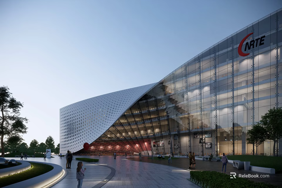 WTE Commercial Complex Contemporary Exterior With Glass Curtain Wall And Illuminated Pedestrian Area 3d model 