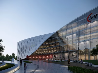 WTE Commercial Complex Contemporary Exterior With Glass Curtain Wall And Illuminated Pedestrian Area 3d model