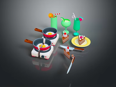 Fresh Fried Eggs in Frying Pans with Green Drinks Cake on Yellow Plate and Knives 3d model