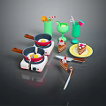 Fresh Fried Eggs in Frying Pans with Green Drinks Cake on Yellow Plate and Knives