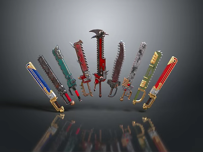 Diverse Chainsaw Weapons With Various Colors And Unique Designs On 3d model