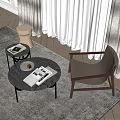 Modern Coffee Table With Magazines And Plate On Soft Rug Near Chair And Curtains