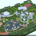 Park Landscape Design With Palms White Umbrella Structures Green Lawns Pool Fountain And Pink Flowers
