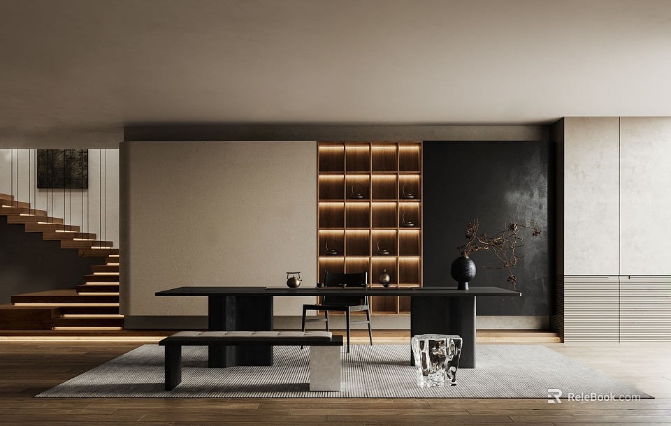 Modern Tea Room Interior With Dark Long Table Black Chairs Wooden Lattice Display Shelf 3d model 